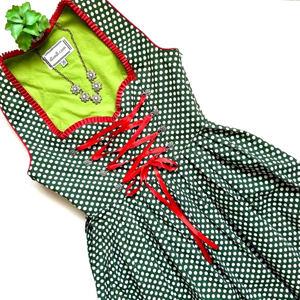 Green Polka Dot Dirndl Dress Bavarian Corset Lace-Up Size 36 - Picture 2 of 10